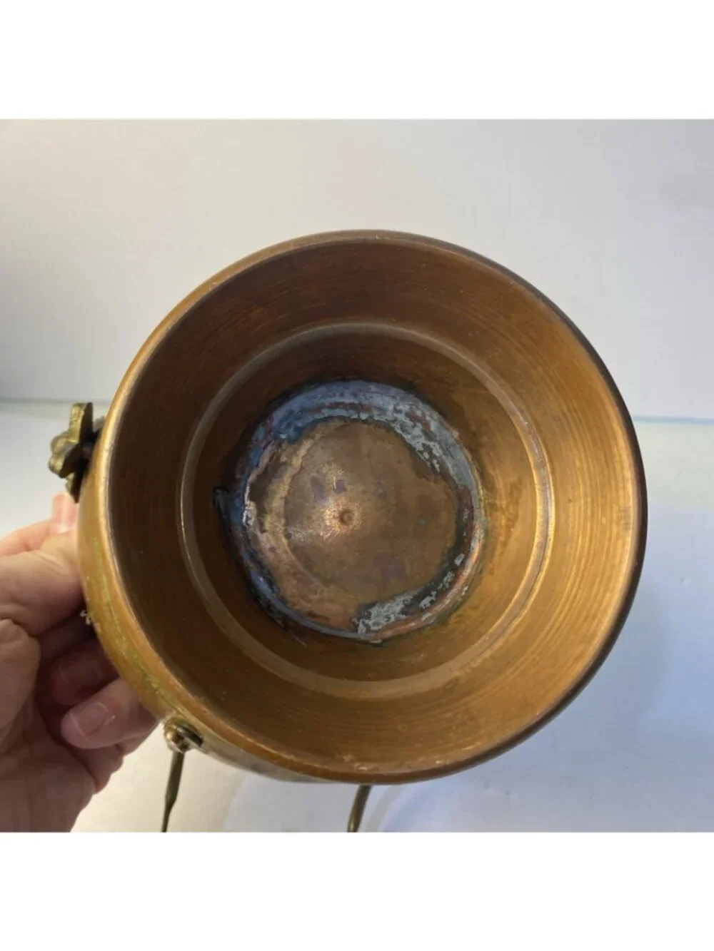 Vintage Copper Brass Coal Scuttle Bucket Delft Handle Lion Head Small